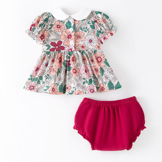 Baby Girls Fall Pink Green Floral Smock Embroidery Romper Set