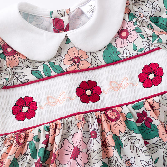 Girls Fall Pink Green Floral Smock Embroidery Pant Set