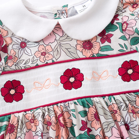 Girls Fall Pink Green Floral Smock Embroidery Dress