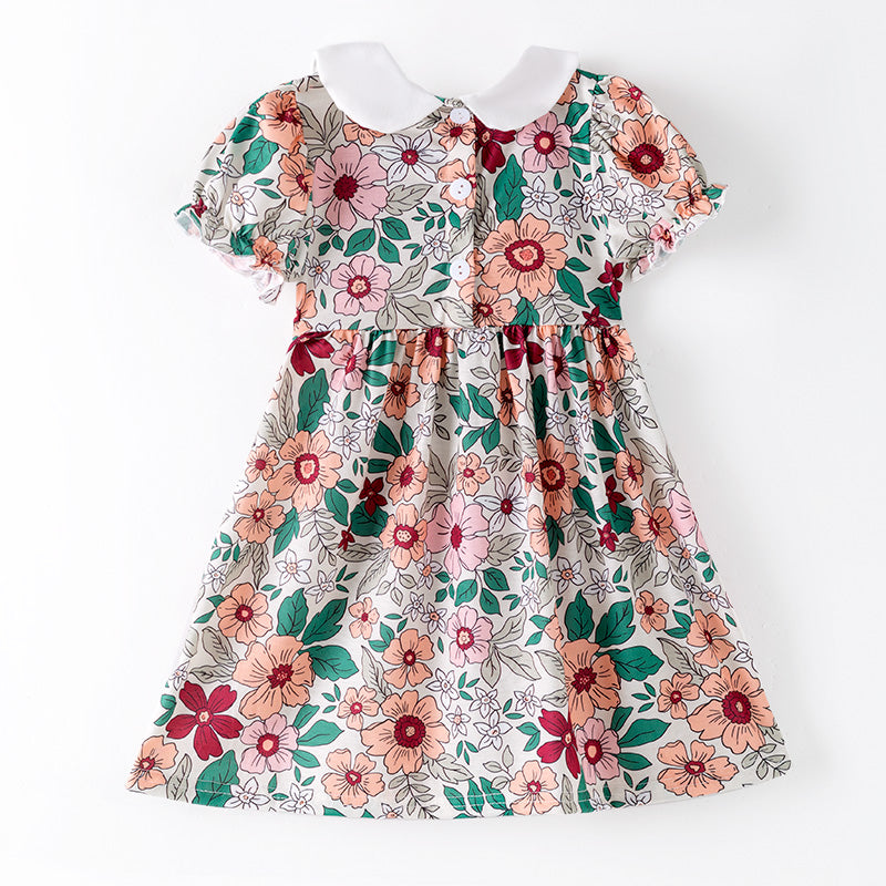 Girls Fall Pink Green Floral Smock Embroidery Dress