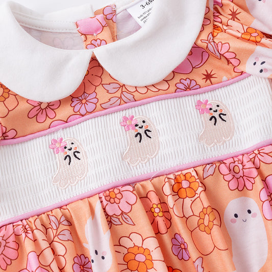Smocked Ghost Embroidered Halloween Romper – Floral Print Babys Clothes