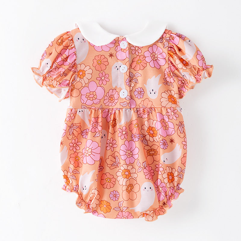 Smocked Ghost Embroidered Halloween Romper – Floral Print Babys Clothes