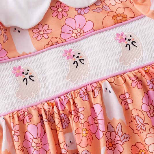 Smocked Ghost Embroidered Halloween Dress – Floral Print Girls Outfit