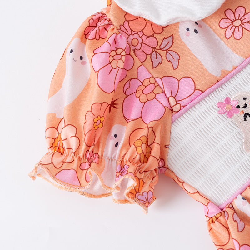 Smocked Ghost Embroidered Halloween Dress – Floral Print Girls Outfit