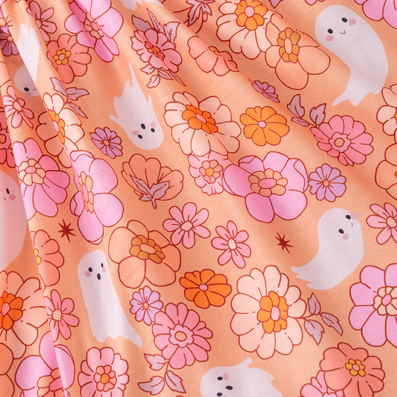 Smocked Ghost Embroidered Halloween Dress – Floral Print Girls Outfit