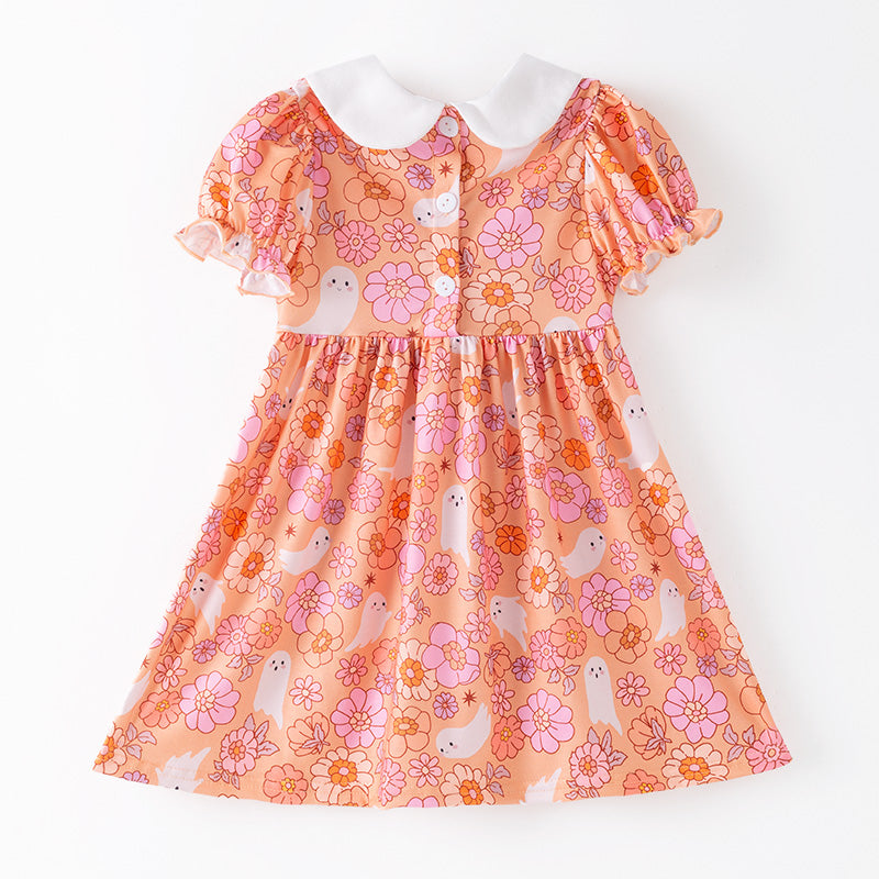Smocked Ghost Embroidered Halloween Dress – Floral Print Girls Outfit