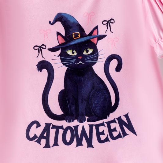 Girls 2 Pieces Fall Halloween Cat Pink Bow Print Pant Set