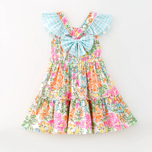 Girls Summer Blue Plaid Bow Floral Print Ruffled Dress