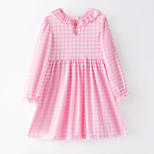 Girls Christmas Pink Plaid Cartoon Embroidery Smock Dress