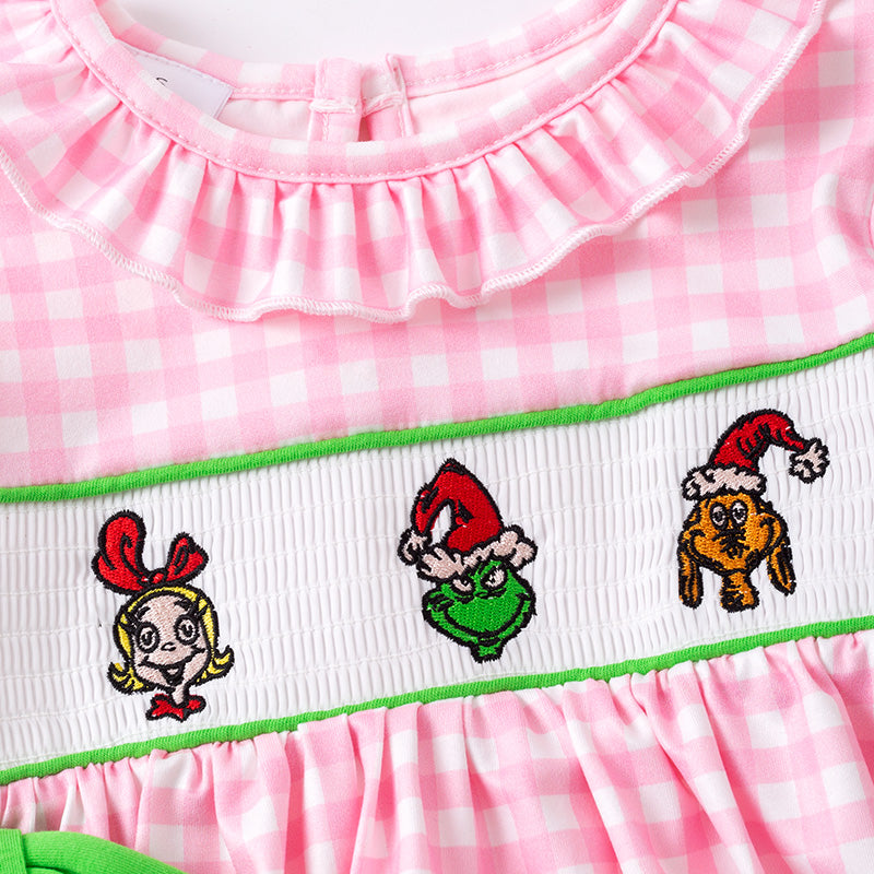 Girls Christmas Pink Plaid Cartoon Embroidery Smock Dress