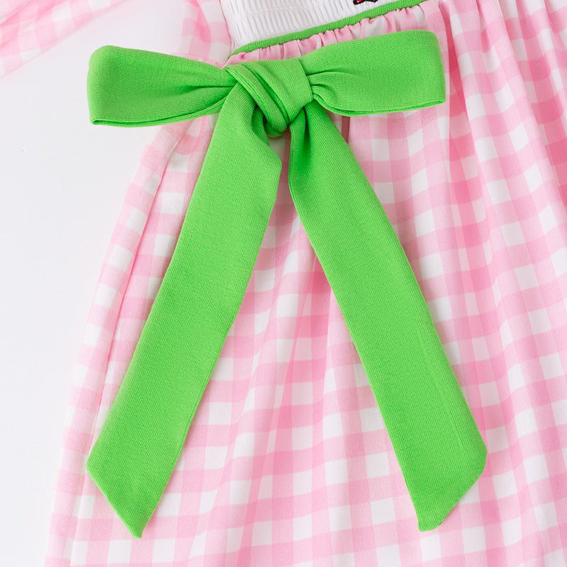 Girls Christmas Pink Plaid Cartoon Embroidery Smock Dress