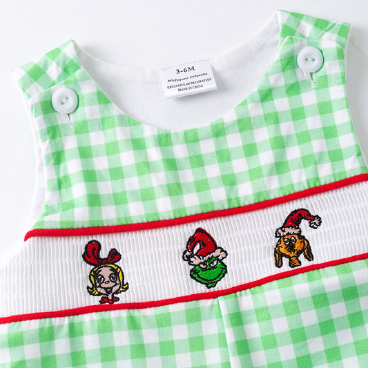 Baby Boys Christmas Green Plaid Cartoon Embroidery Smock Romper