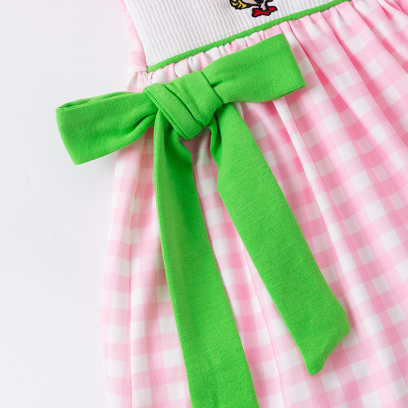 Girls Christmas Pink Plaid Cartoon Embroidery Smock Pant Set