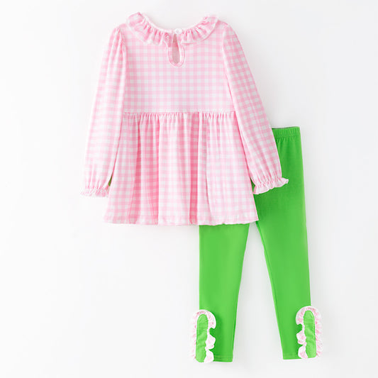 Girls Christmas Pink Plaid Cartoon Embroidery Smock Pant Set