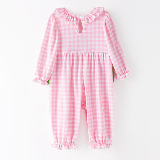Baby Girls Christmas Pink Plaid Cartoon Embroidery Smock Romper