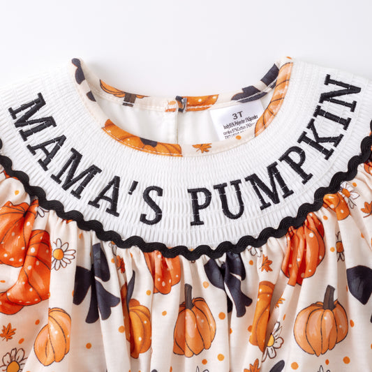 Girls Halloween MAMA'S PUMPKIN Embroidery Smocked Dress