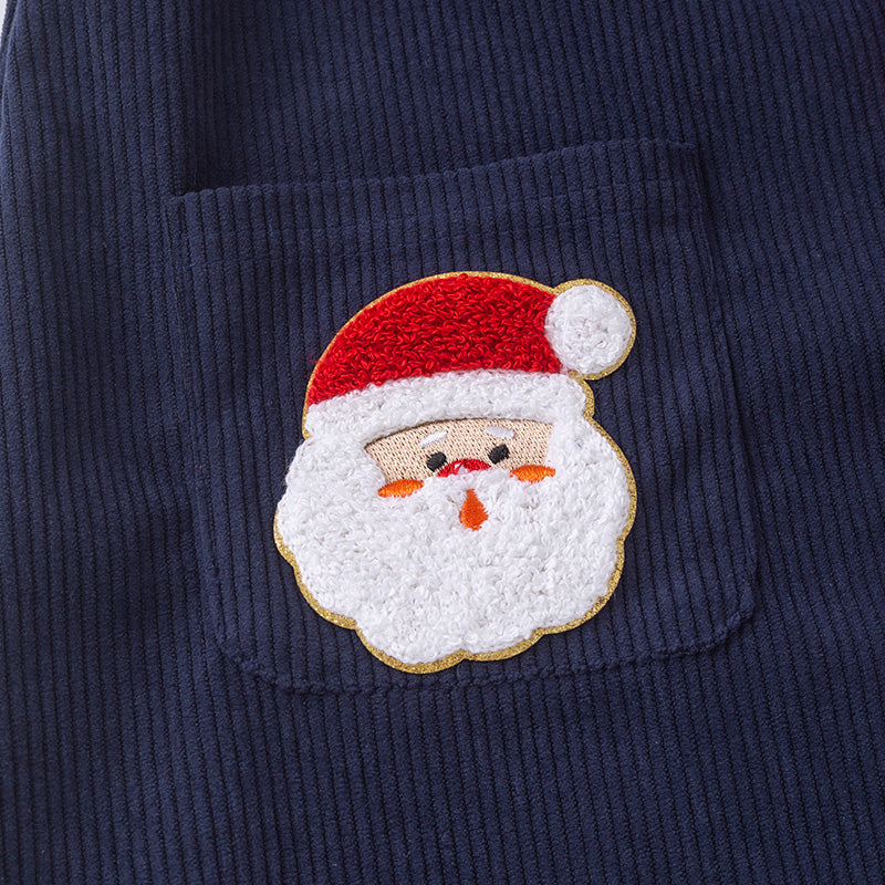 Girls Christmas Navy Santa Embroidery Pocket Dress With Top Set