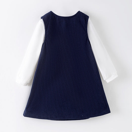 Girls Christmas Navy Santa Embroidery Pocket Dress With Top Set