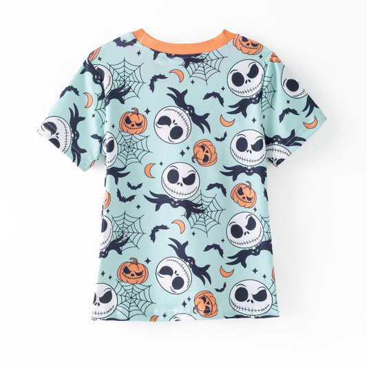 Boys Halloween Pumpkin Skull Print Blue Short Sleeves Top