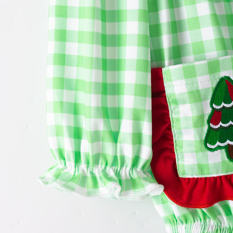 Girls Christmas Sibling Matching Outfits – Gteen Stripes Tree Embroidery Collection