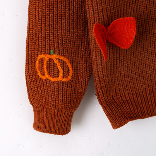 Brown Pumpkin Sweater with Bow Embroidery – Fall Must-Have
