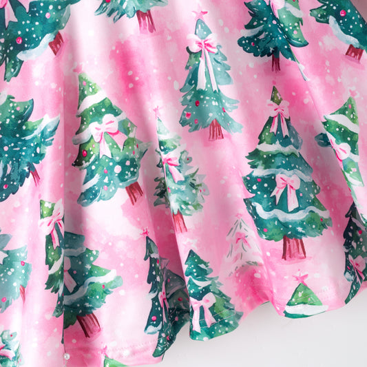 Girls Christmas Pink Bow Christmas Tree Long Sleeves Dress
