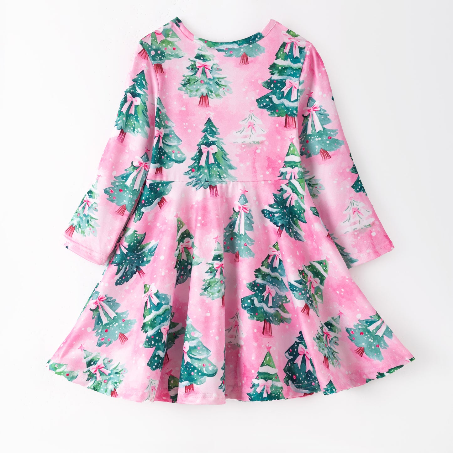 Girls Christmas Pink Bow Christmas Tree Long Sleeves Dress