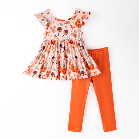 Girls Fall Halloween Pumpkin Cartoon Print Ruffled Pant Set