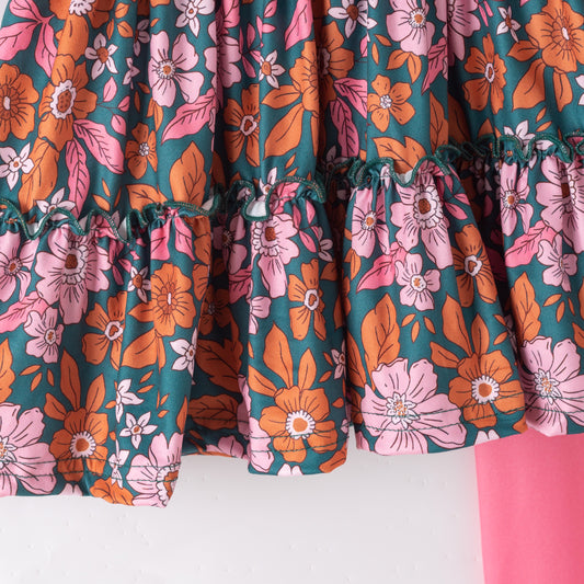 Girls Fall Floral Print Ruffled Coral Pant Set