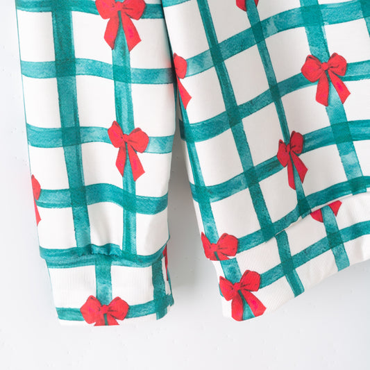 Christmas Long Sleeve Top & Shorts Set – Green Plaid Red Bow Print
