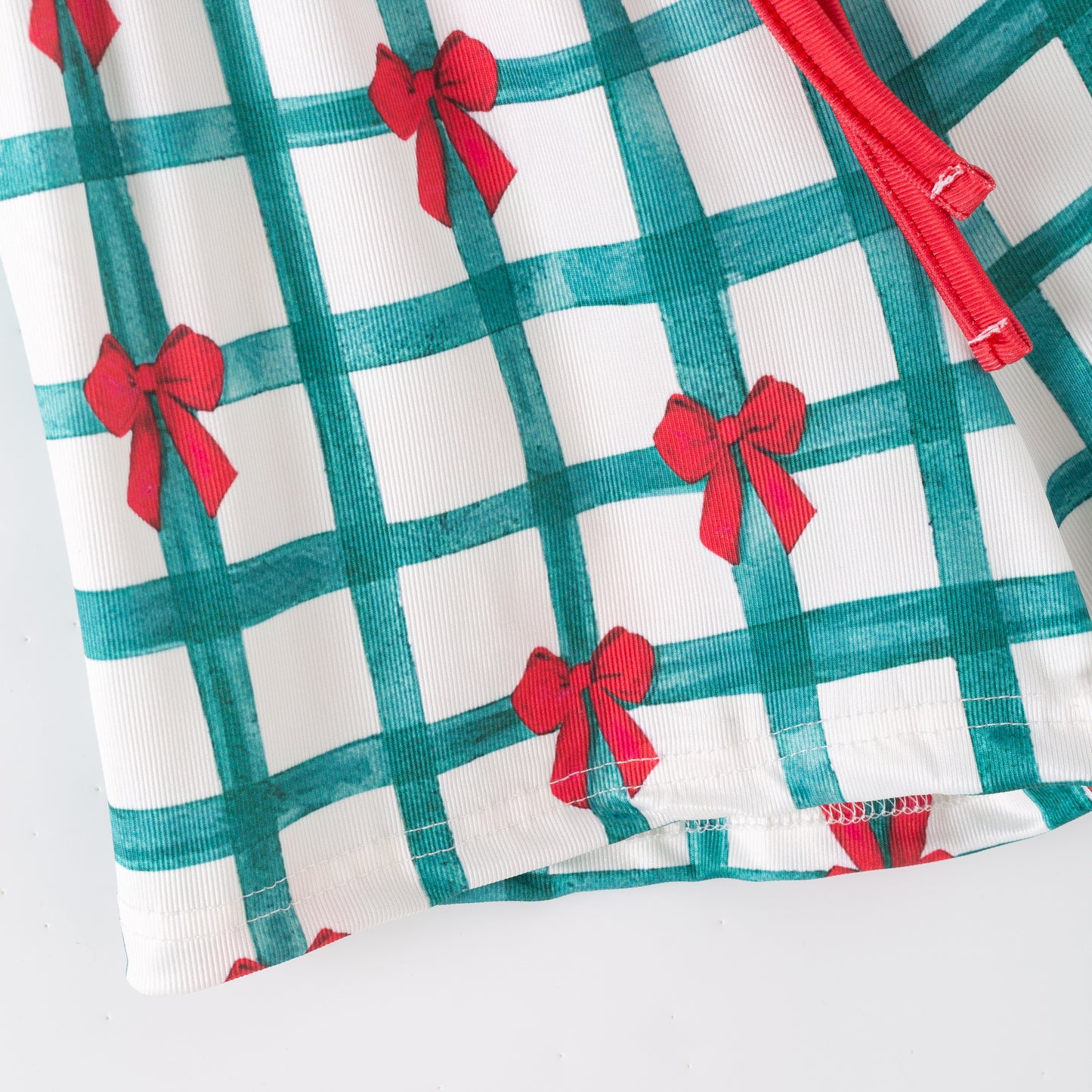 Christmas Long Sleeve Top & Shorts Set – Green Plaid Red Bow Print