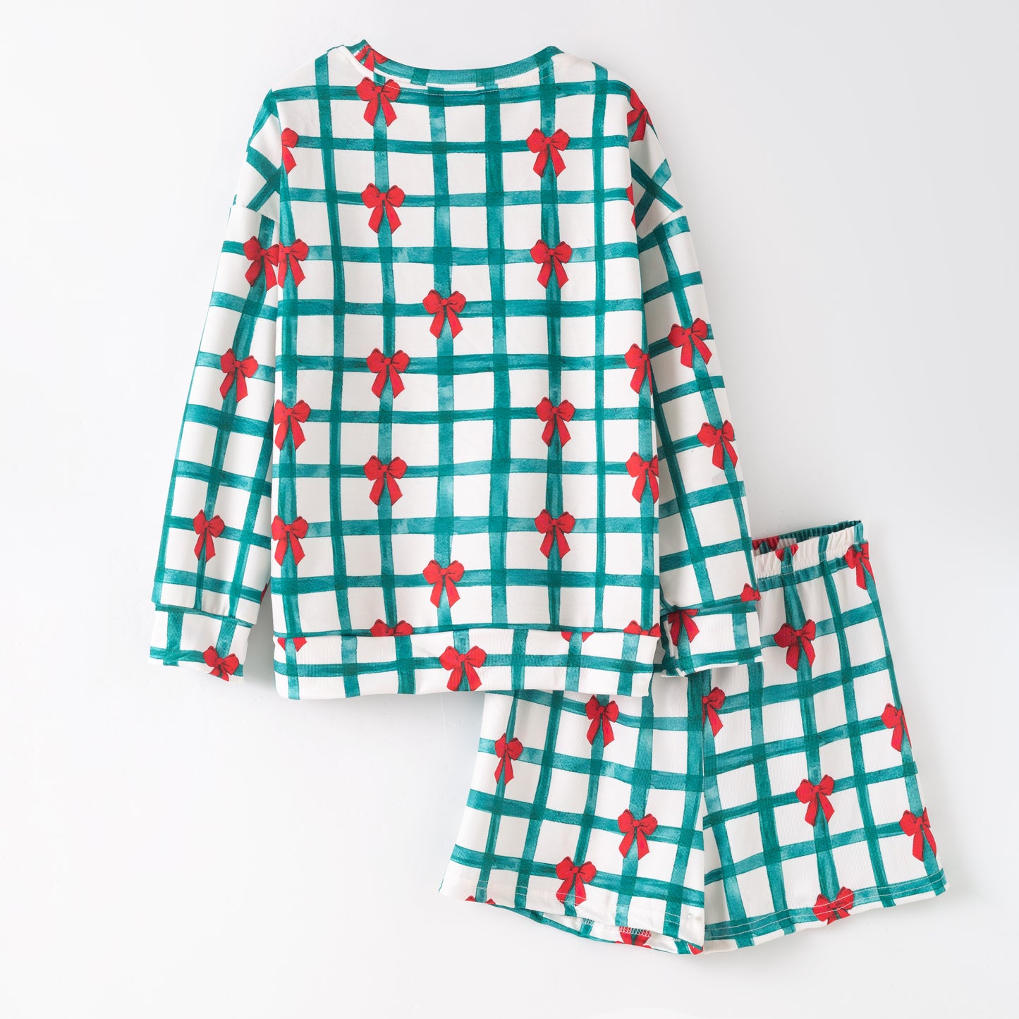 Christmas Long Sleeve Top & Shorts Set – Green Plaid Red Bow Print
