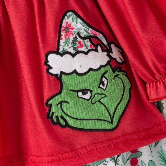 Girls Christmas Grinch Embroidery Applique Romper Set