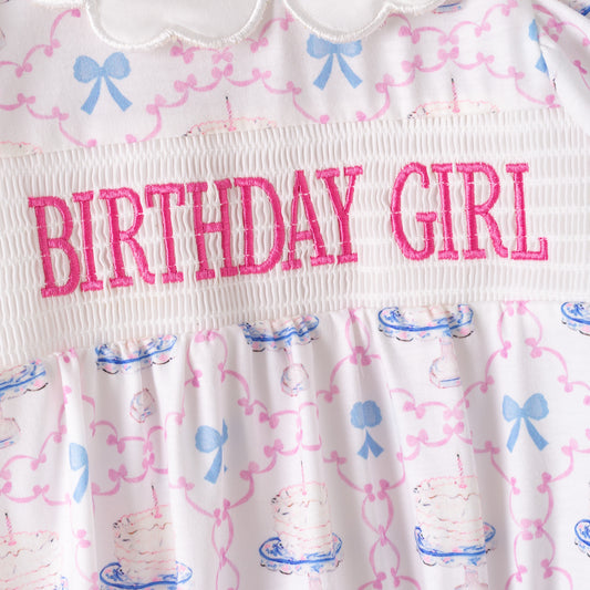 Baby Girls Summer Fall BRITHDAY GIRL Embroidered Smock Romper