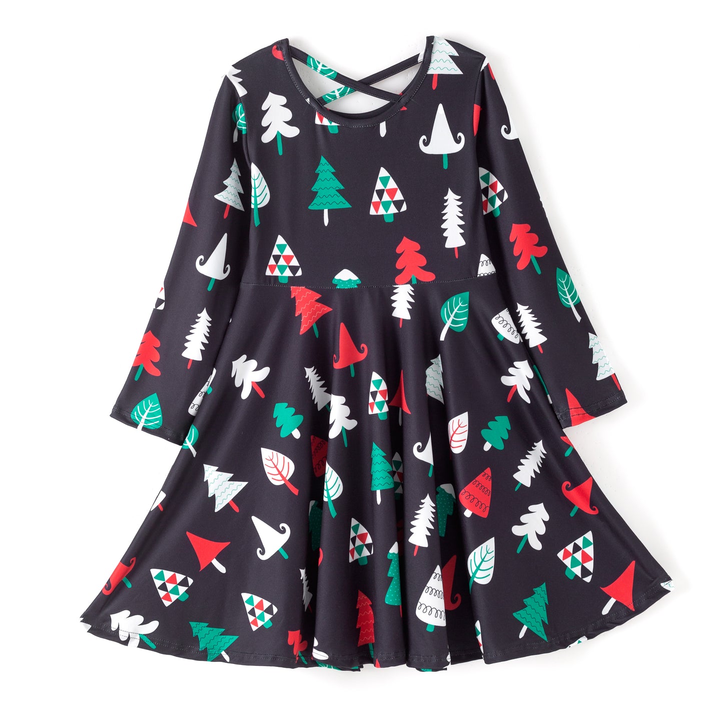 Girls Christmas Red Green Christmas Tree Long Sleeves Dress
