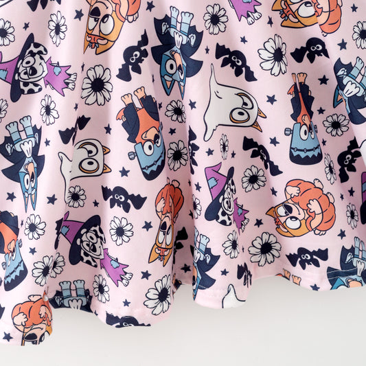 Girls Halloween Ghost Buley Bat Print Soft Twirl Dress