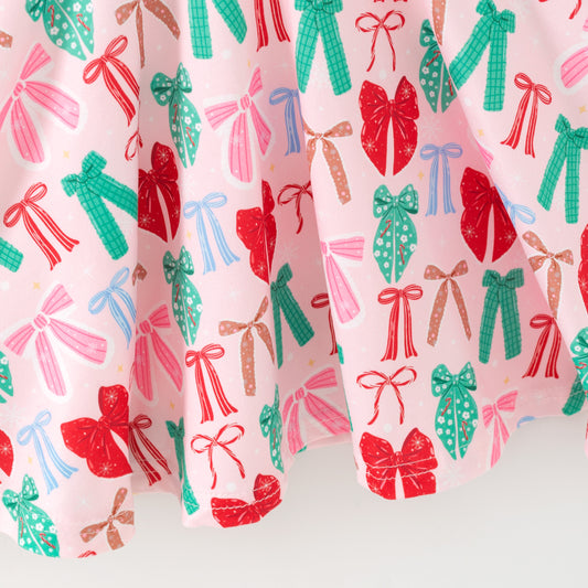 Girls Christmas Red Green Bow Long Sleeves Twirl Dress