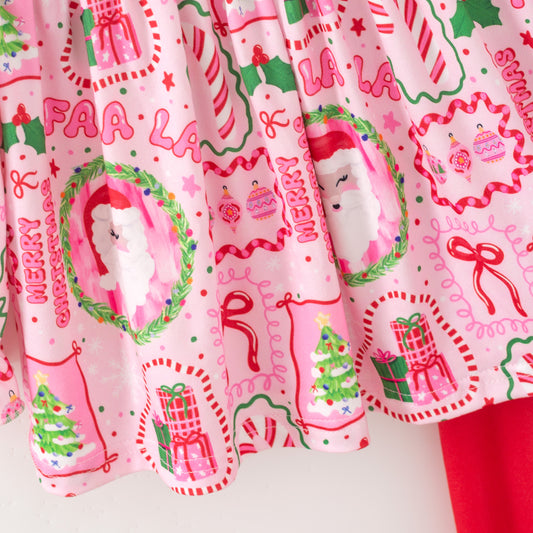 Girls Christmas Winter Red Santa Bow Pocket Pant+Top Set