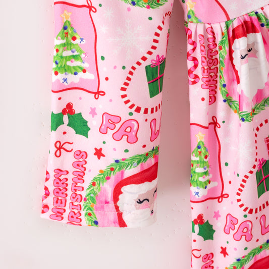 Girls Christmas Tree Santa Bow Long Sleeves Twirl Dress