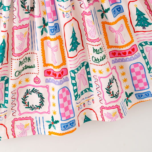 Girls Christmas Tree Bow Long Sleeves Twirl Dress