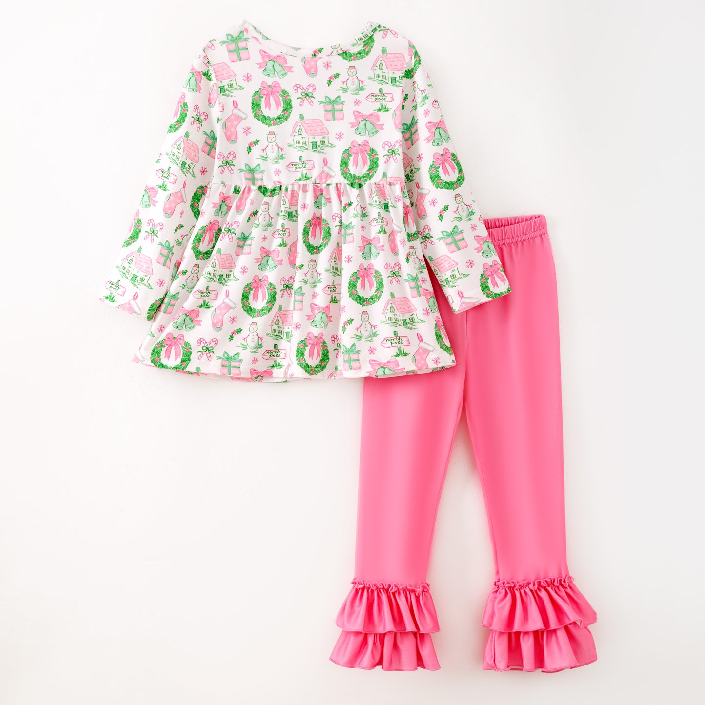 Girls Christmas Pink Snowman Ruffled Long Sleeves Pant Set