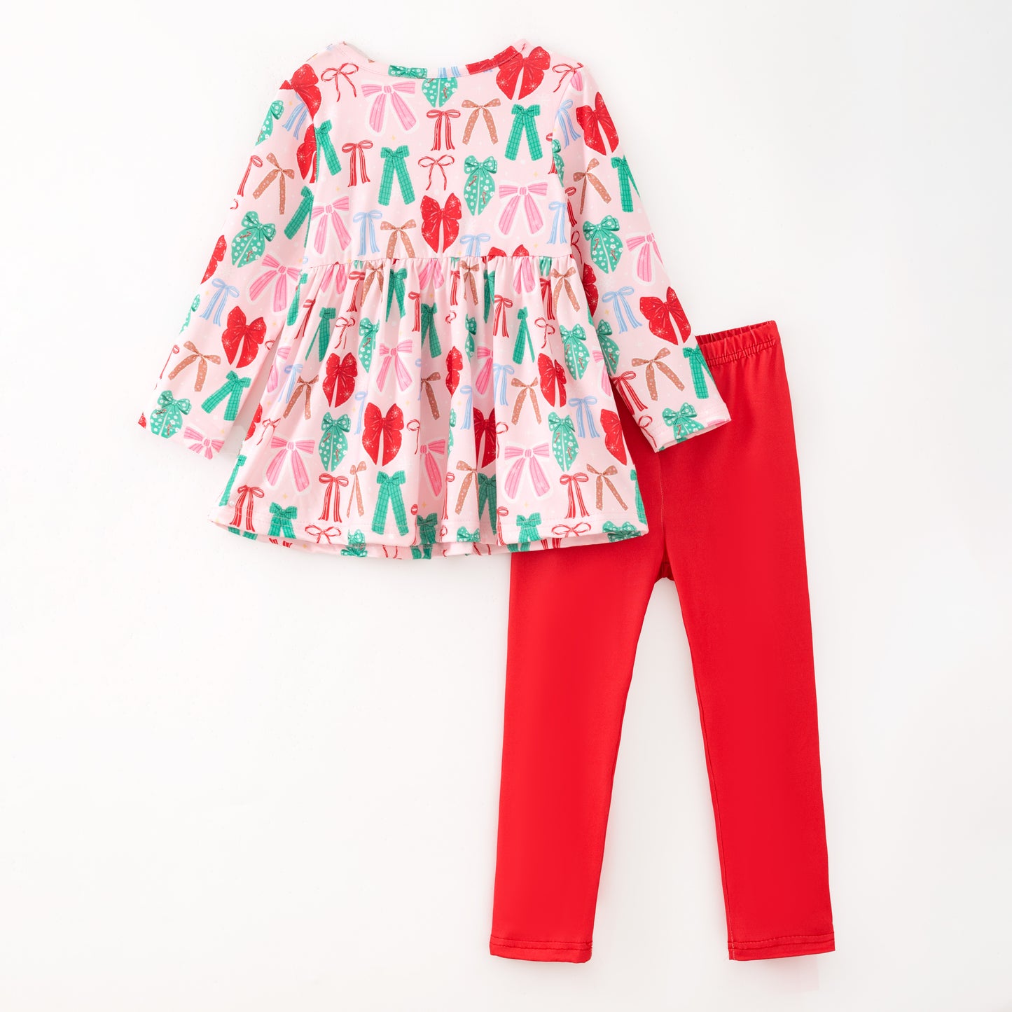 Girls Christmas Winter Red Green Bow Pocket Pant+Top Set