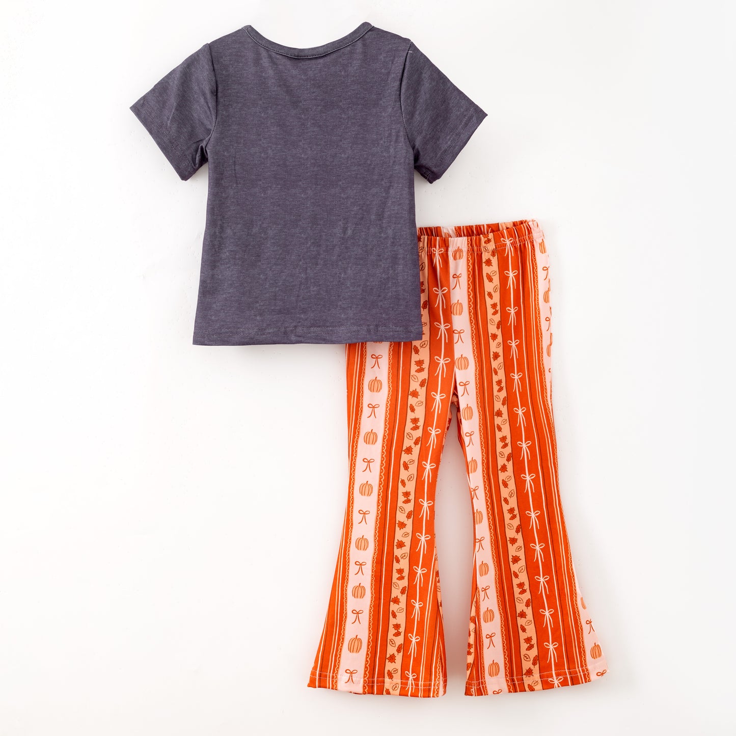 Girls Fall Vibes Grey Orange Bow Bell Pant+Top Set