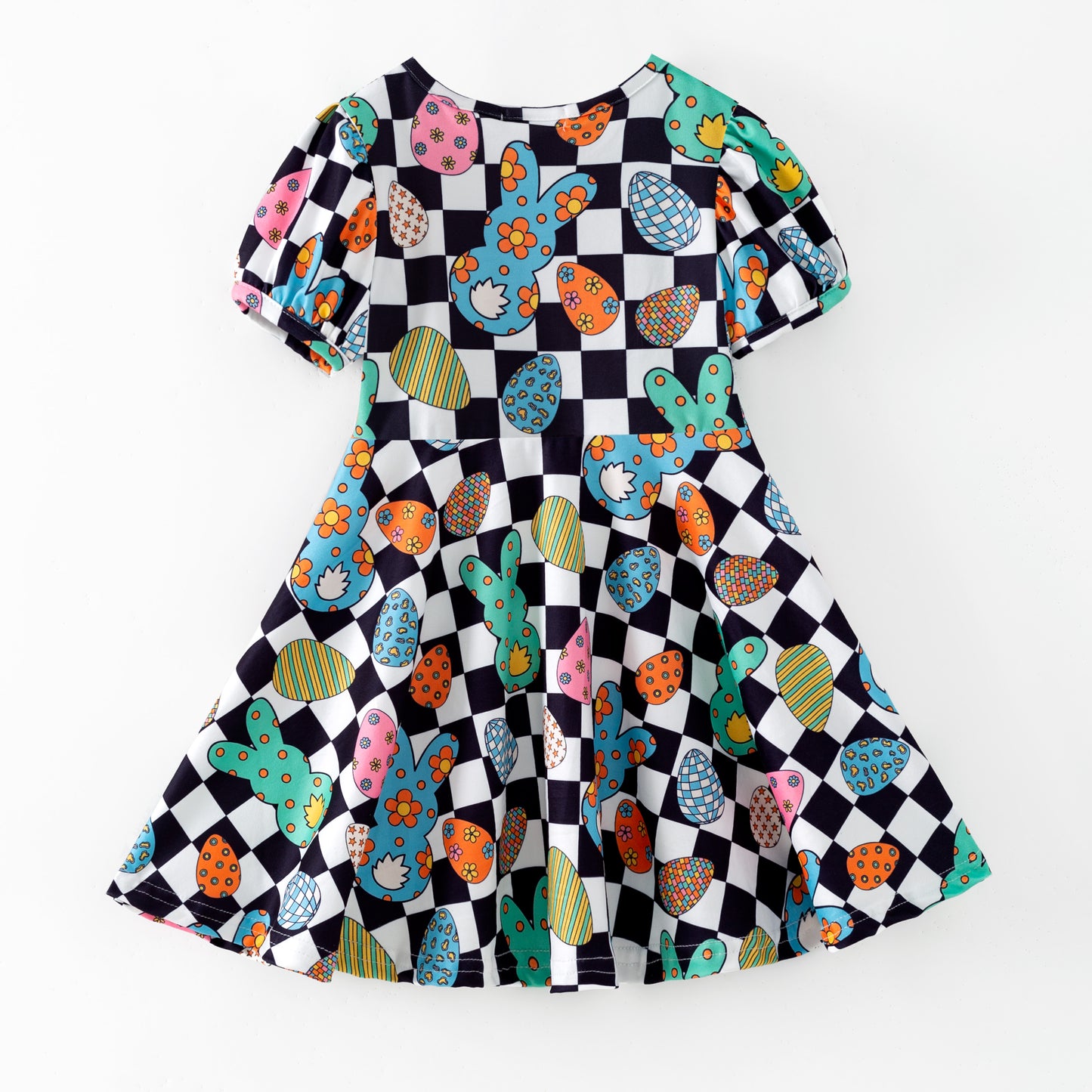 Kids Easter Colorful Plaid Bunny Print Twirl Dress