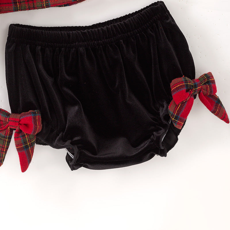 Christmas Baby Outfit – Plaid Dress & Velvet Bloomers | In Stock