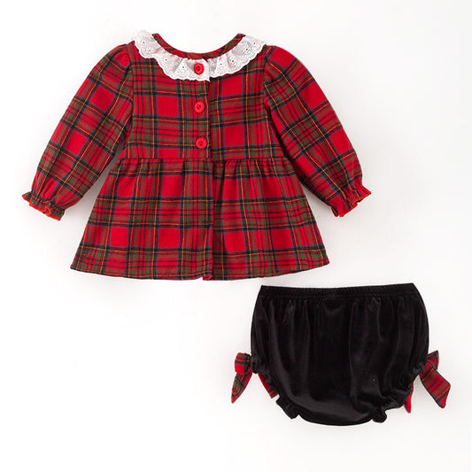 Christmas Baby Outfit – Plaid Dress & Velvet Bloomers | In Stock