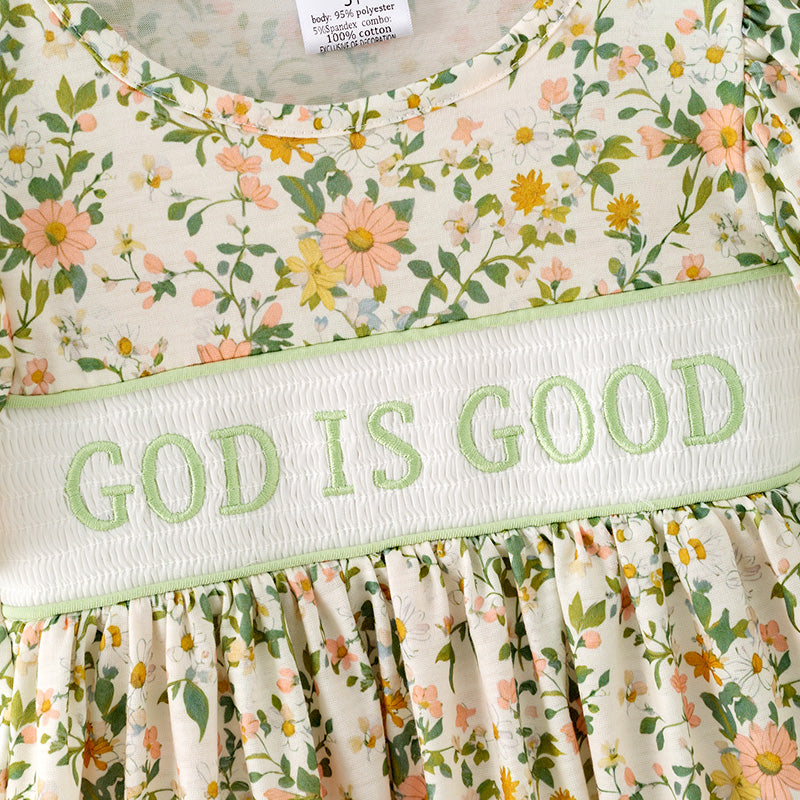 Girls Fall "GOD IS GOOD" Smocked Embroidery Green Floral Pant Set