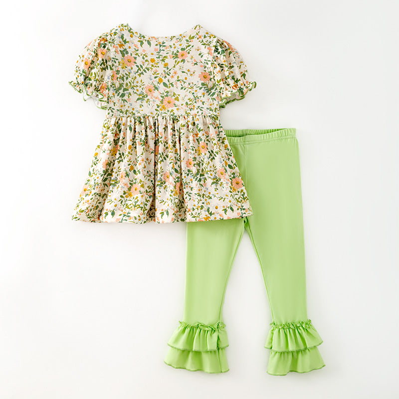 Girls Fall "GOD IS GOOD" Smocked Embroidery Green Floral Pant Set