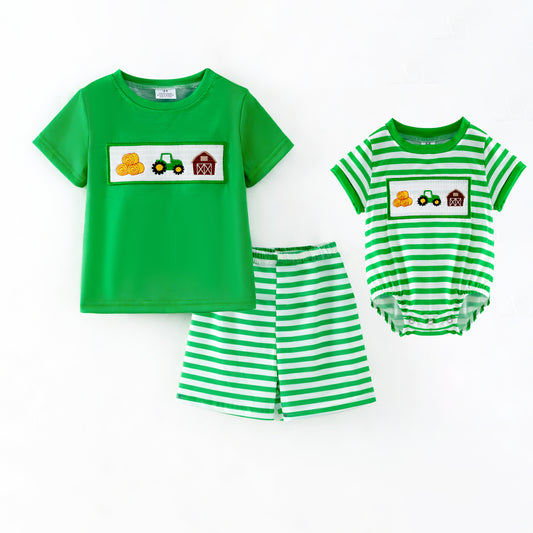Boys Brother Summer Farm Embroidery Green Stripes Outfits
