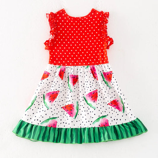 Girls Summer Red Green Watermelon Twirl Dress